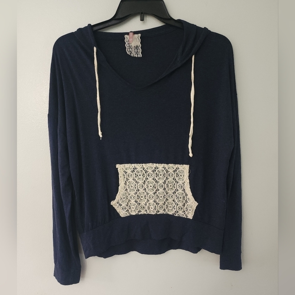 Mauve Lightweight Hooded Sweater Lace Pocket Size XL Navy Blue